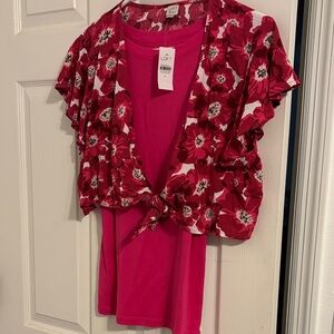 LOFT Red and Pink Floral Tie-Front Blouse